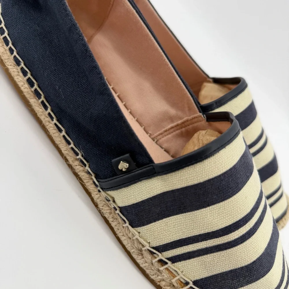 Kate Spade Espadrilles Womens 11 Navy Gramercy Striped Canvas Jute Flats